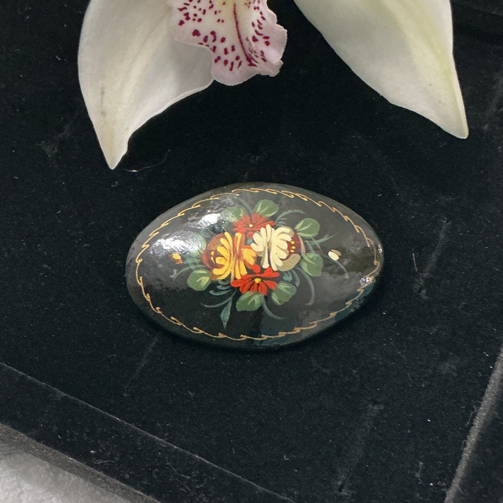 Floral Painted Wood Brooch 25$